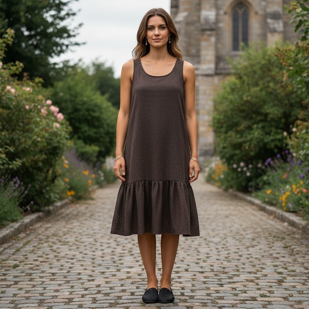 Mango Gray Ruffled Scoop Neck Midi Dress